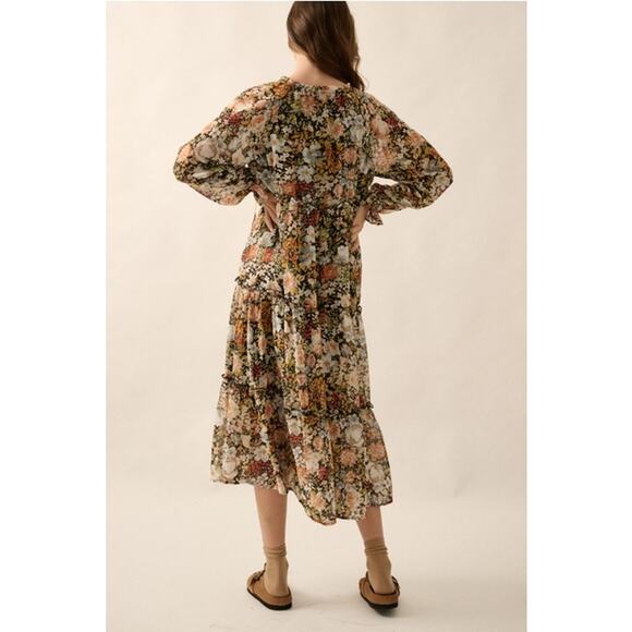 Promesa Black Size Small Floral V-Neck Chiffon Midi Dress - Picture 6 of 9